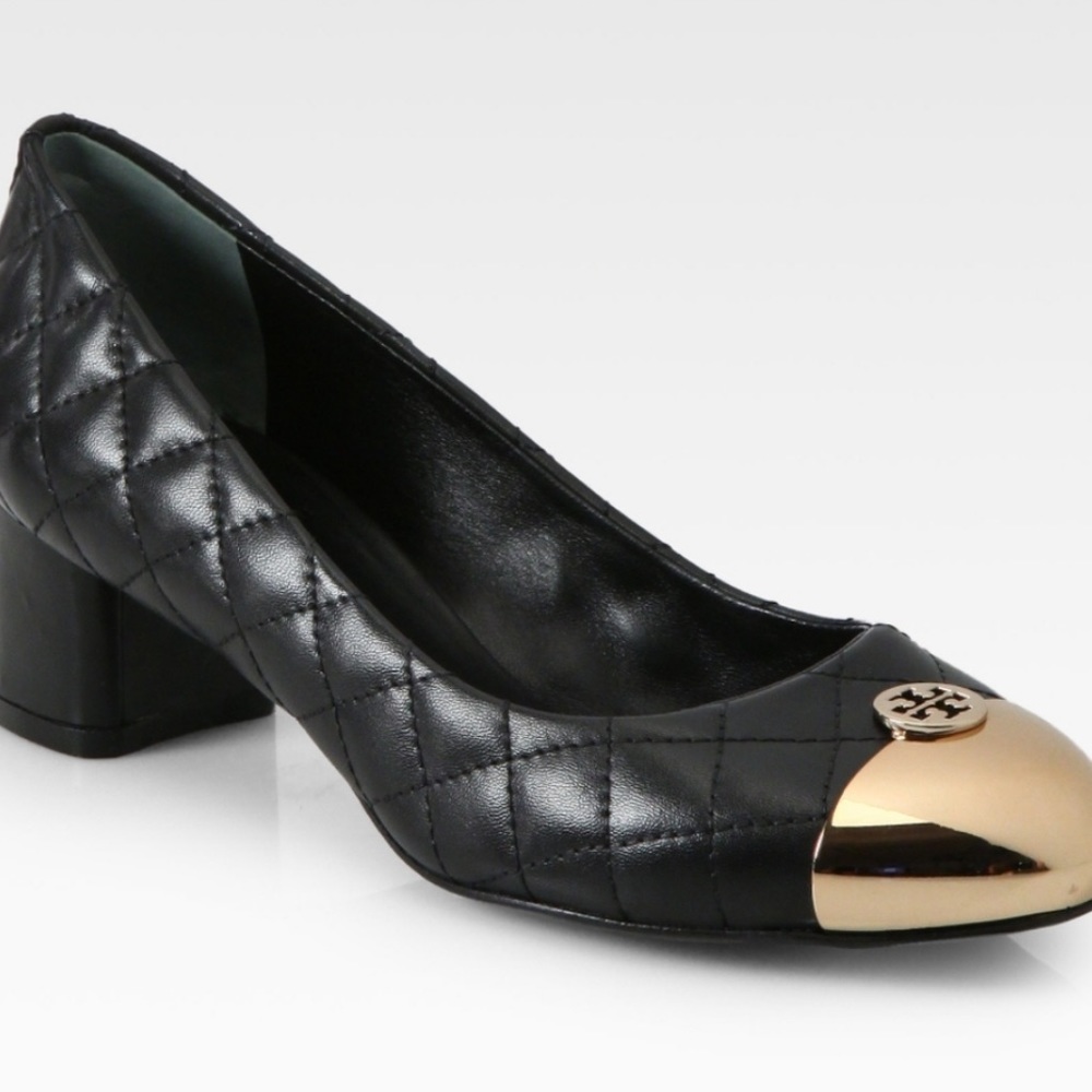 Tory Burch Black Quilted Leather Kaitlin Gold Cap heel 8.5